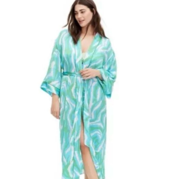 DVF diane von furstenburg long satin wrap robe green/blue zebra - Picture 2 of 8
